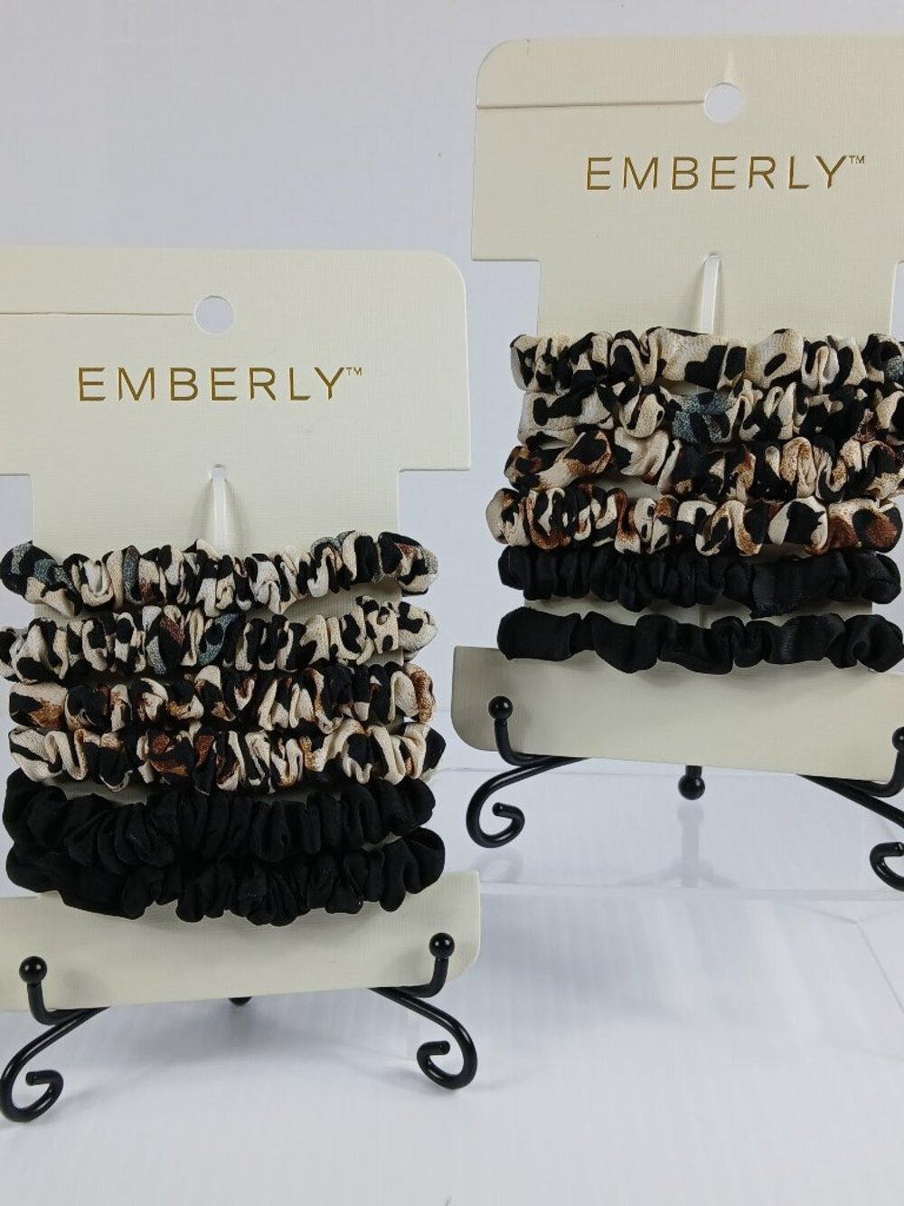 2 New Packages Emberly Hair Elastics Scrunchies Black & Animal Print Brown Ivory